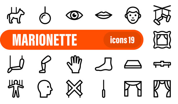 Puppetry and Marionette Theatre Equipment Line Icon Set