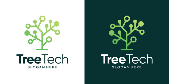 Creative tree tech logo design illustration. Inspiration vector symbol abstract tree with technology system connections design template