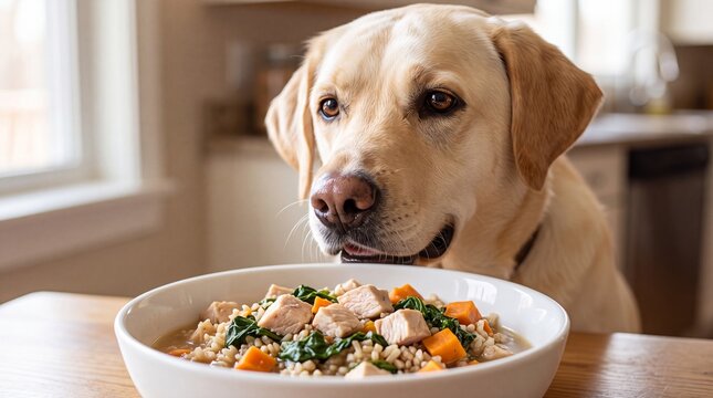 A hungry yellow labrador retriever dog looking longingly at a healthy bowl of cooked chicken, vegetables, and grains sitting on a wooden kitchen table.