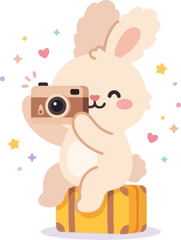 Fototapeta premium Cute Cartoon Bunny Sitting on Suitcase Holding Vintage Camera with Colorful Sparkles