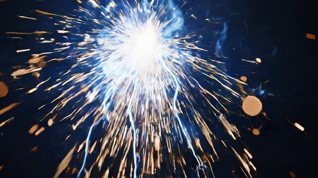 Slow motion close up of bright golden sparks and blue electric light bursts exploding against a dark night sky, creating an energetic and dynamic visual effect with copy space