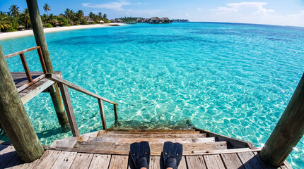 Obraz premium Tropical paradise, wooden jetty with fins, clear turquoise water, beach, palm trees, island resort