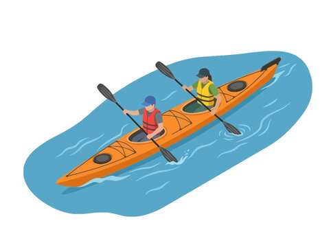 Two People Kayaking Together in Orange Tandem Kayak on Blue Water Isometric Vector Illustration