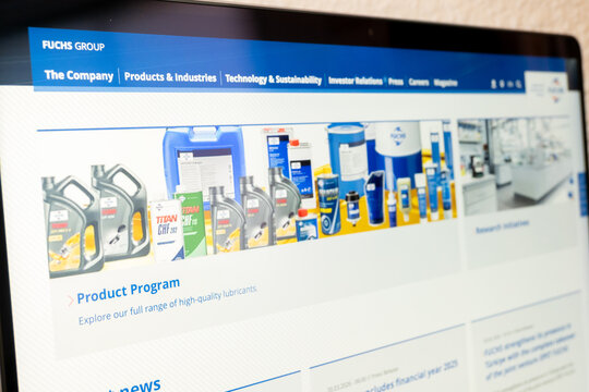 Mexico city, mexico, 04 22 2026, fuchs group website displaying lubricants product program on laptop screen
