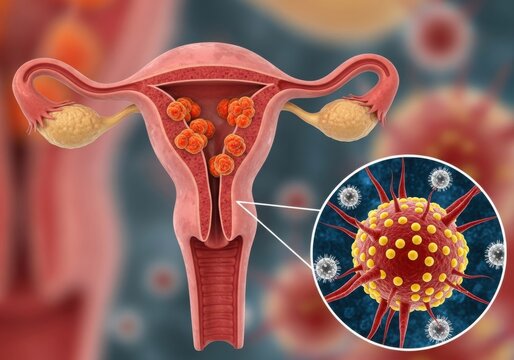 Human uterus with hpv virus illustration isolated on white background