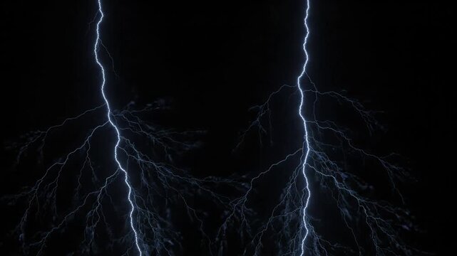 Two bright bolts of lightning strike vertically through a dark night sky with branching electrical discharges and ample copy space for text