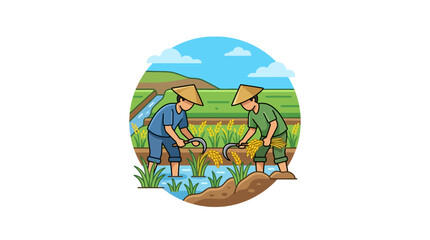 Fototapeta premium Farmers Harvesting Rice in Traditional Paddy Fields Illustration