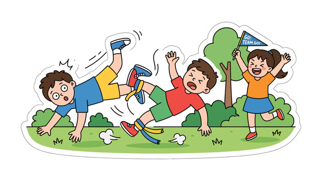 Three-Legged Race Mishap: Two boys tumble down during a three-legged race in a park, while a girl cheers them on, capturing a moment of childhood fun and friendly competition.