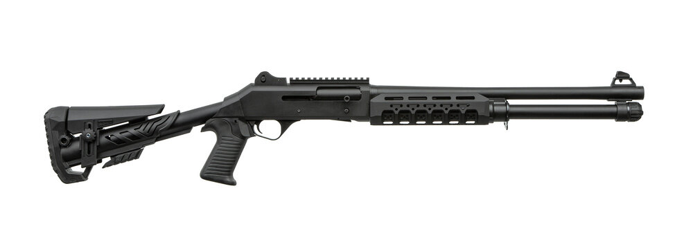 A black tactical semi-automatic combat shotgun isolated on a clean white back