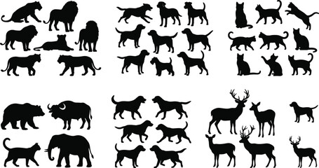 Obraz premium Wild animal silhouettes featuring lions, elephants, giraffes, camels, deer, buffalo, cats, and dogs in vector illustration