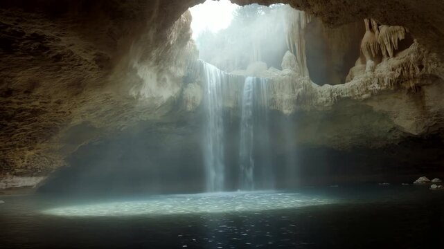Mysterious Cave Waterfall and Pool with Stalactites