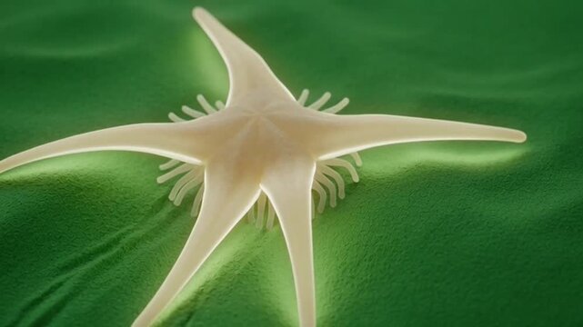 Microscopic view of a stellate plant trichome on a green leaf surface.