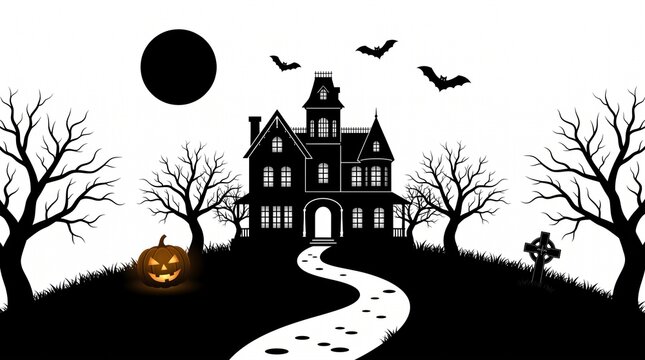 A spooky Halloween black and white silhouette illustration featuring a haunted house on a hill, a full moon, bats, a glowing jack-o'-lantern, bare trees, and a winding path leading to the entrance.