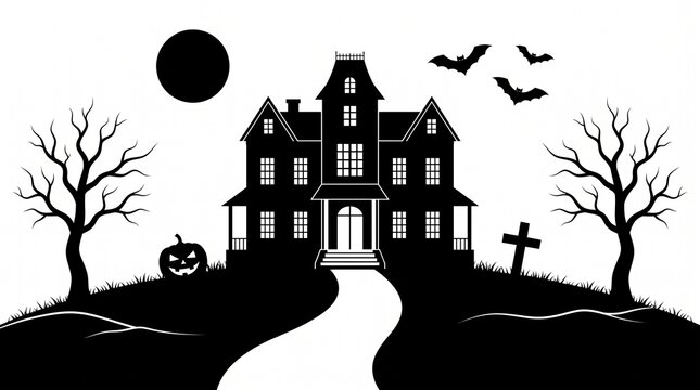Black and White Halloween Illustration Featuring a Haunted House, Silhouette Trees, Jack-O-Lantern, Tombstone, Full Moon, and Flying Bats on a Grassy Hillside