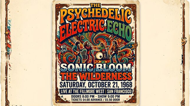 Vintage 1960s Psychedelic Rock Concert Poster Illustration with Band Performance and Swirling Art - Retro Vector Design