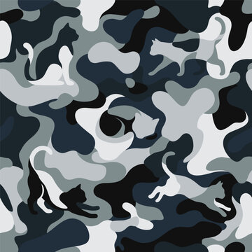 Seamless vector pattern showing an urban gray camo print with hidden cat silhouettes. A trendy, clever tactical design for streetwear, techwear apparel, and graphic accessories