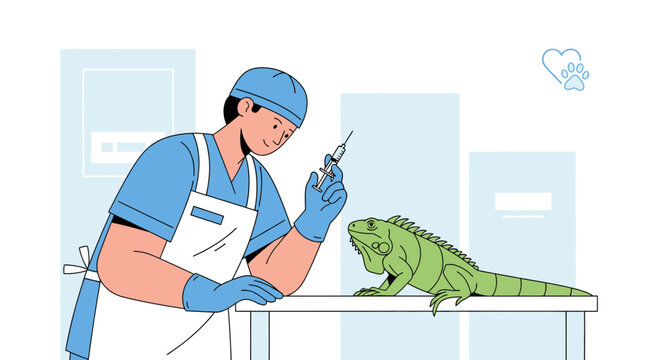 Veterinarian giving injection to green iguana in clinic illustration