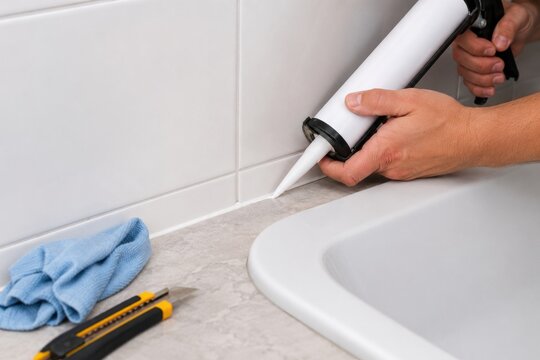 Hands applying white caulk along tile grout at a bathroom sink edge, showing maintenance work and tools nearby. Clean finishing task with visible caulk gun and utility knife.