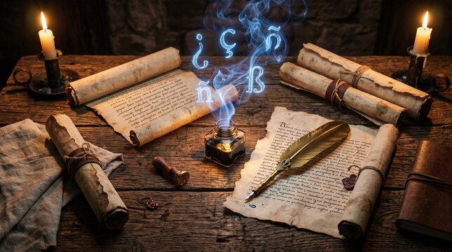 Mystical ancient scrolls and writing tools on wooden table with glowing magic letters