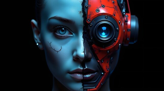 Dramatic portrait of a female face split with a futuristic red robotic eye sensor. This striking digital art with blue tones is excellent for technological book covers or cyber designs.