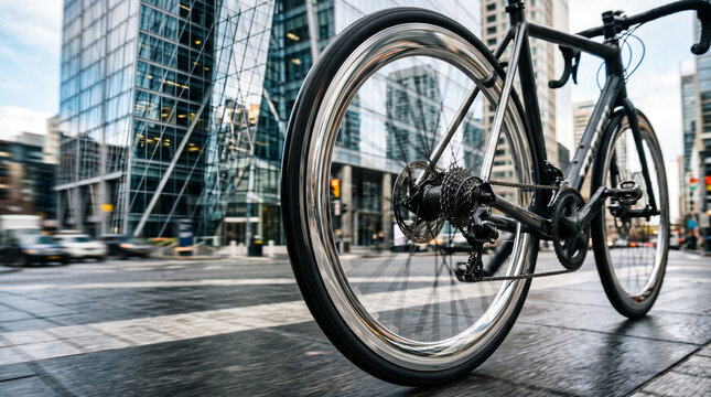 Modern bicycle parked on wet city street with blurred modern buildings background