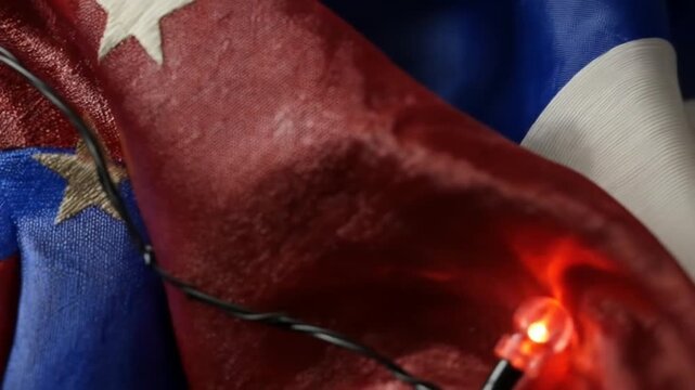 Close-up of draped red, white, and blue fabric with light string, focusing on stars