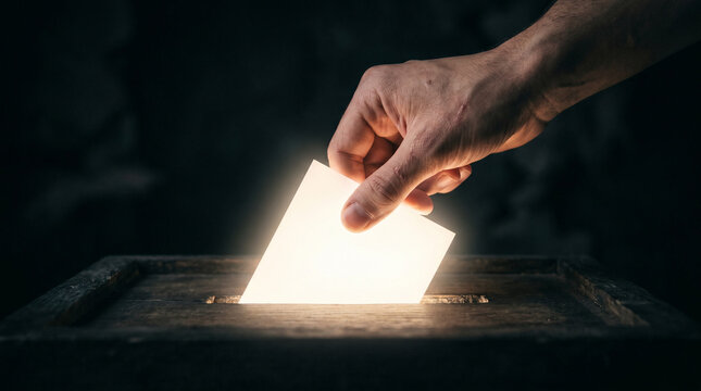 Hand casting vote into ballot box, election concept, voting concept, democratic process