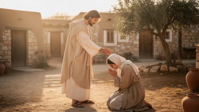 Religious blessing scene with man in robes praying outdoors in ancient village setting