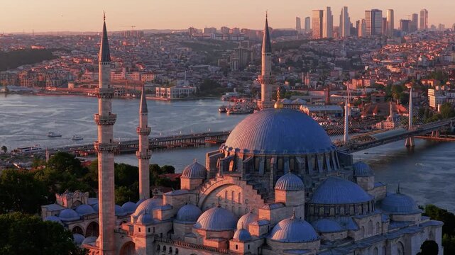 Golden hour aerial view of the iconic S&uuml;leymaniye Mosque overlooking Istanbul, T&uuml;rkiye. The historic Ottoman landmark stands prominently above the Golden Horn, with the city&rsquo;s skyline, bridges, and mo
