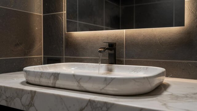Modern bathroom sink with flowing water and elegant marble countertop in stylish interior