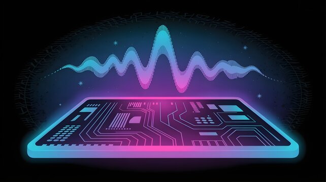Futuristic digital motherboard screen displaying a glowing audio frequency waveform. This cybernetic visual is perfect for music production banners, podcasts, or technical designs.