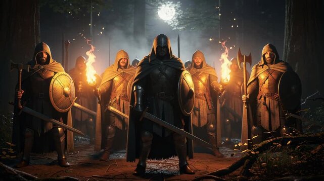 Medieval warriors with swords and shields standing in a dark forest at night with torches and full moon