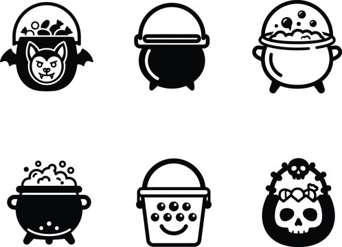 Black and white Halloween icons with cauldrons and skulls on white background