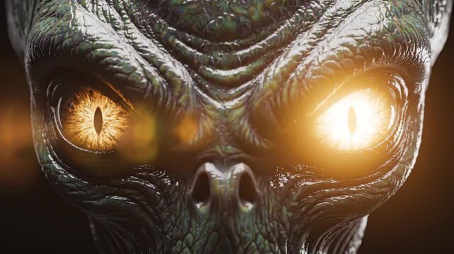 Close-up of a menacing alien with glowing orange eyes and textured green skin, creating an eerie and frightening atmosphere for science fiction enthusiasts