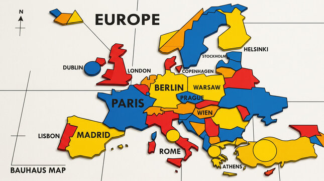Colorful Europe Map with City Labels - Abstract Bauhaus Style
