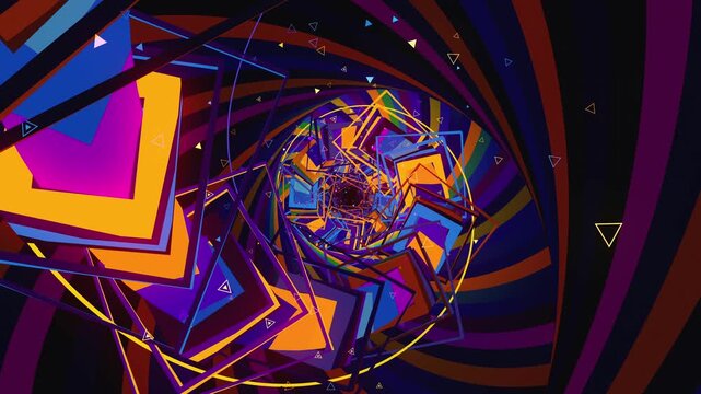 Abstract VJ digital vortex made of twisting square frames, spiral orbital paths and lattice arrays, for electronic music festivals, high-tech club visuals, stage screens and LED video walls