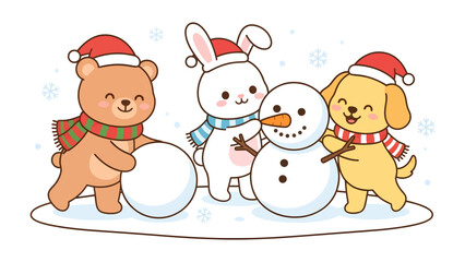 Cute Animals Building a Snowman: Adorable cartoon bear, bunny, and dog in Santa hats and scarves joyfully build a snowman together in a snowy wonderland, spreading holiday cheer.