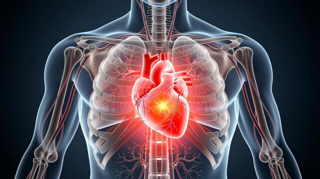 3D medical illustration of human heart anatomy showing cardiovascular system and chest bones