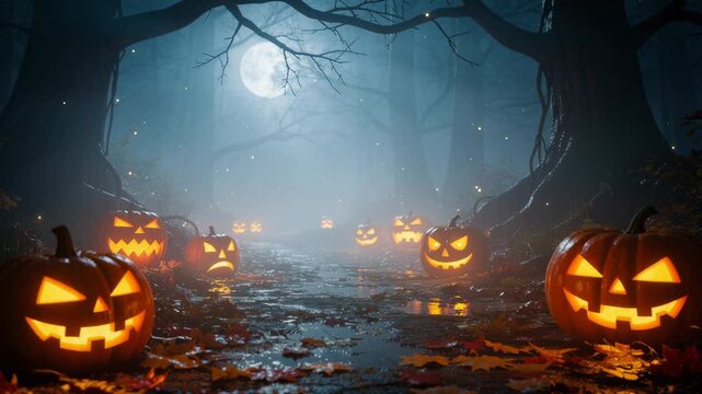 Spooky Halloween pumpkin lanterns glowing on a foggy forest path under full moon at night