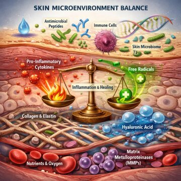Scientific skin microenvironment diagram illustrating hydration inflammation balance and advanced skincare mechanisms