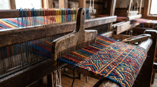 Close-up of a traditional wooden loom with colorful woven fabric in progress.