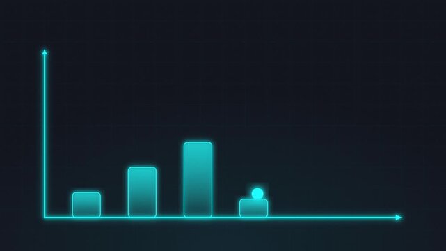 Animated 4K neon cyan growth bar chart with a glowing bouncing ball showing financial success on dark grid background