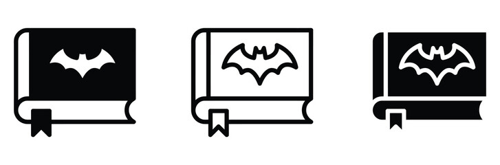 Bat book icon vector. Spooky Halloween horror story novel, vampire diary with bookmark, gothic magic spellbook, fiction notebook, superhero comic symbol set. Flat vector illustration. © Prime Stocks