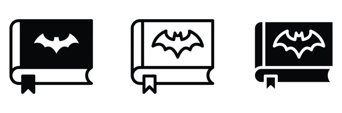 Bat book icon vector. Spooky Halloween horror story novel, vampire diary with bookmark, gothic magic spellbook, fiction notebook, superhero comic symbol set. Flat vector illustration.