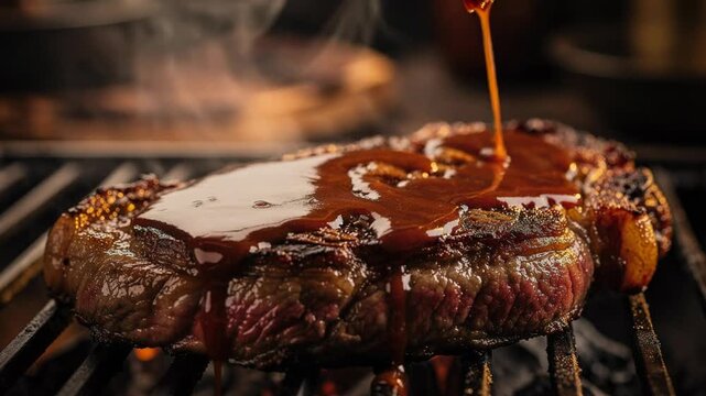 Juicy grilled steak being brushed with barbecue sauce on hot outdoor grill with smoke