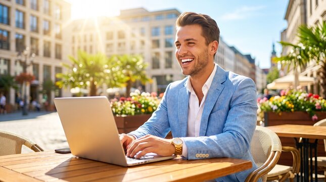 smiling businessman working on laptop at outdoor summer cafe terrace