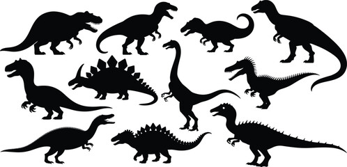 Collection of Black Dinosaur Silhouettes on White Background prehistoric ancient © Vectorplanet