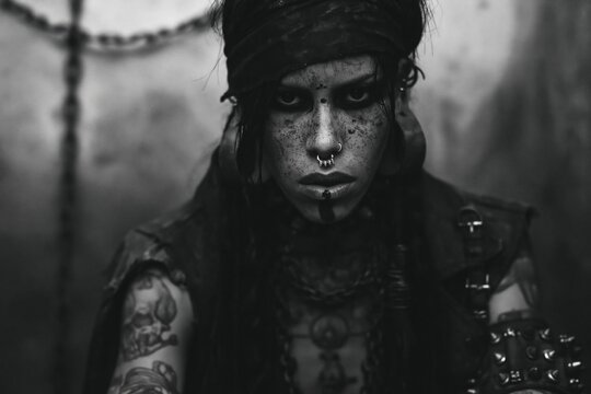 Gritty black and white portrait of Xolotl in a dystopic setting