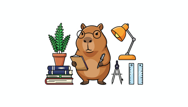 Cute cartoon capybara student with glasses studying at desk.