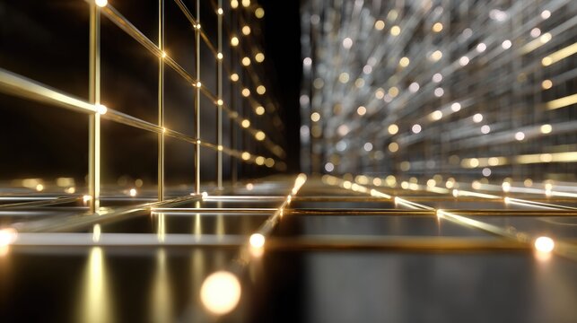 Golden Grid Infinity: A dazzling abstract composition featuring an infinite golden grid with glowing nodes receding into a luminous, futuristic digital expanse.